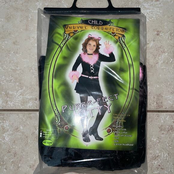 GIRLS MARABOU KITTY CAT BLACK & PINK VELOUR MINI DRESS COSTUME SIZE S - Picture 1 of 5